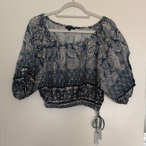 Peasant-Style Navy Paisley Cropped Blouse